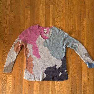 NIC+ZOE Colorblock V-Neck Sweater in Pink, Blue & Tan. Size Medium